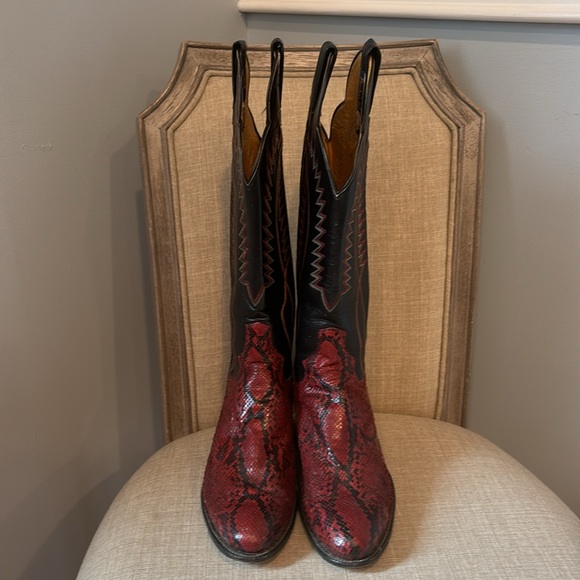 Panhandle Slim Red & Black Snakeskin Cowboy Boots women sz 7 - Picture 2 of 12